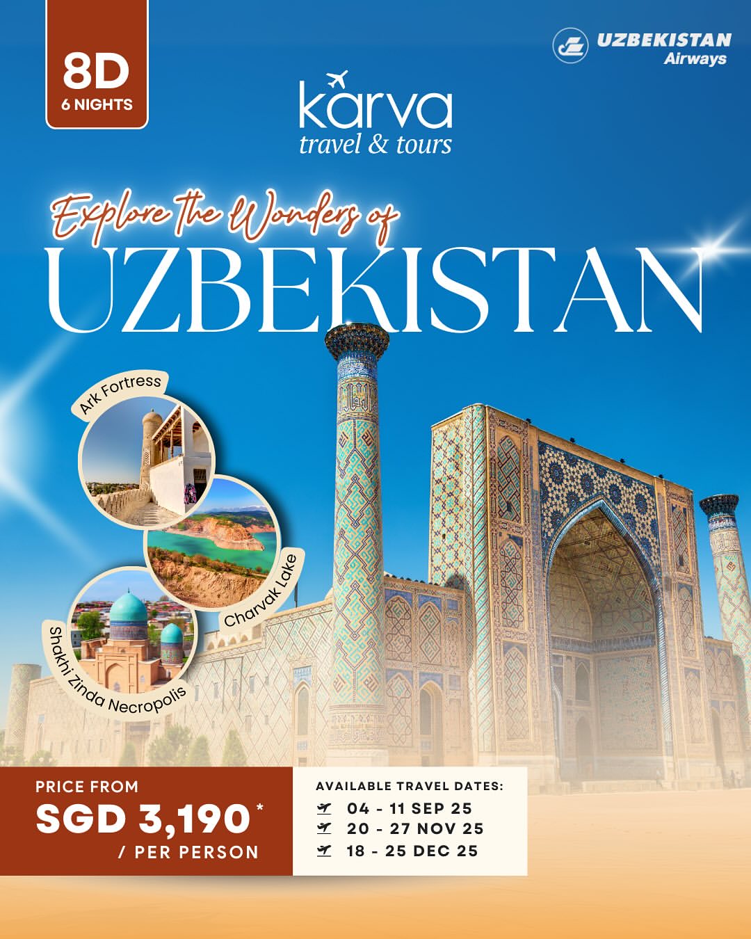 Image 12: Ever dreamed of walking through the ancient Silk Road cities where history, architecture, and culture blend into a mesmerizing experience? πΊπΏβ¨
Join us for an unforgettable 8 Days 6 Nights adventure covering Tashkent, Bukhara & Samarkand β the jewels of Uzbekistan!
π Limited departure dates available in September, November & December β perfect for a year-end escape!
π¨ Seats are limited β Whatsapp us at 9117 9414 to enquire!
karvatravelandtours #karvatravelgroup #muslimfriendlytours #karvatravelholiday #uzbekistan