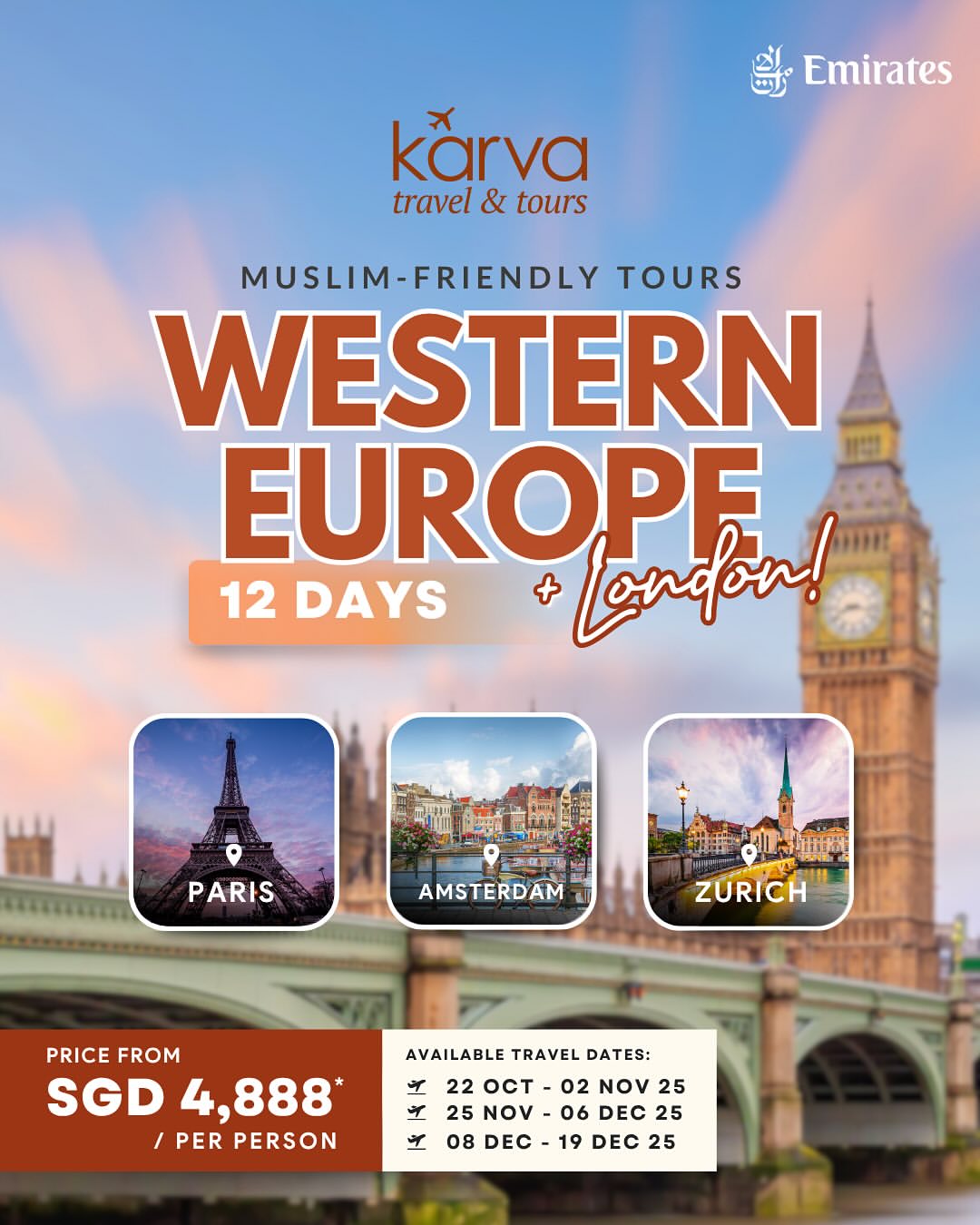 Image 9: Join our 12D9N Western Europe + London Tour with overnights in Paris, Amsterdam, Frankfurt & Zurich β a perfect mix of iconic cities and festive charm.
πDepartures in October, November & December β plan ahead and give yourself a holiday to look forward to. Let us be part of your big year-end escape! π
π¨ Seats are limited β Whatsapp us at 9117 9414 to enquire or visit www.karvatravel.com to view itinerary β¨
karvatravelandtours #karvatravelgroup #muslimfriendlytours #karvatravelholiday #westerneurope #london #paris #amsterdam #zΓΌrich #frankfurt