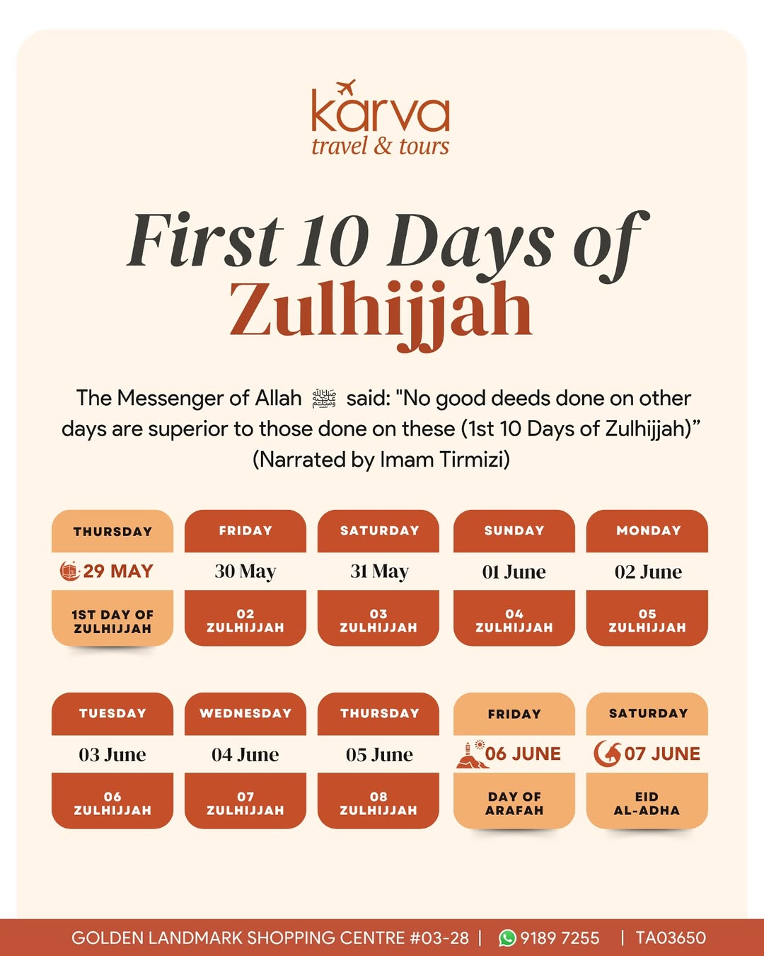 Image 6: Embrace the blessings of the first 10 days of ZulHijjah. Letβs fill them with acts of worship and kindness.
#DhulHijjah #karvatravelandtours